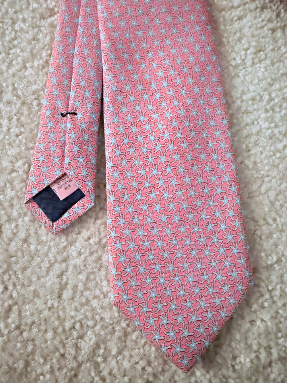 Vineyard Vines Pink Coral Nautical Tie with Blue Starfish Print, 100% Silk